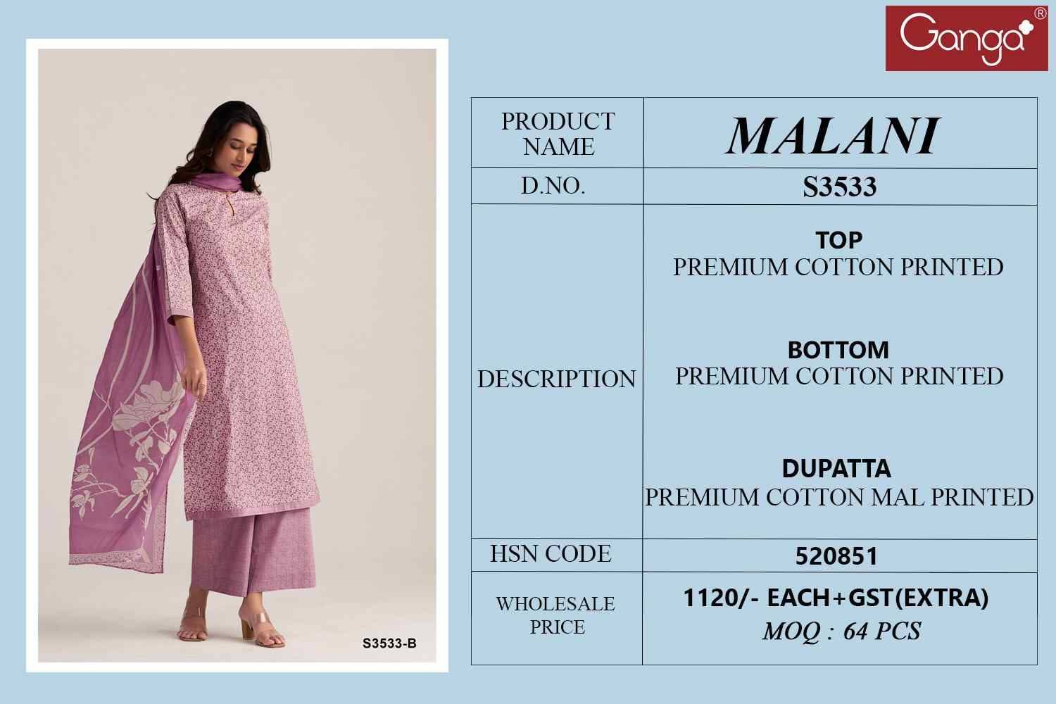 Malani-3533 By Ganga Fashion 3533-A To 3533-D Series Beautiful Festive Suits Colorful Stylish Fancy Casual Wear & Ethnic Wear Pure Cotton Dresses At Wholesale Price