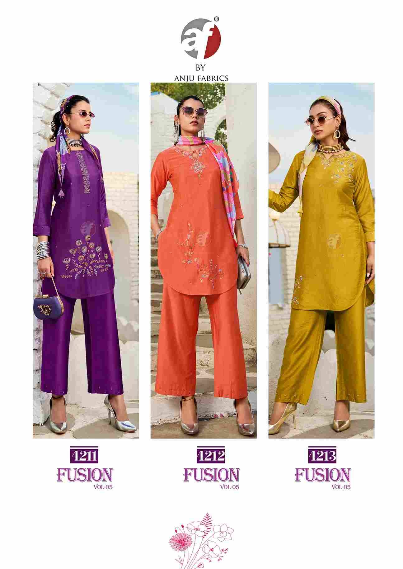 Fusion Vol-5 By Anju Fabrics 1211 To 1216 Series Designer Stylish Fancy Colorful Beautiful Party Wear & Ethnic Wear Collection Viscose Nylon Tops With Bottom And Scarf At Wholesale Price