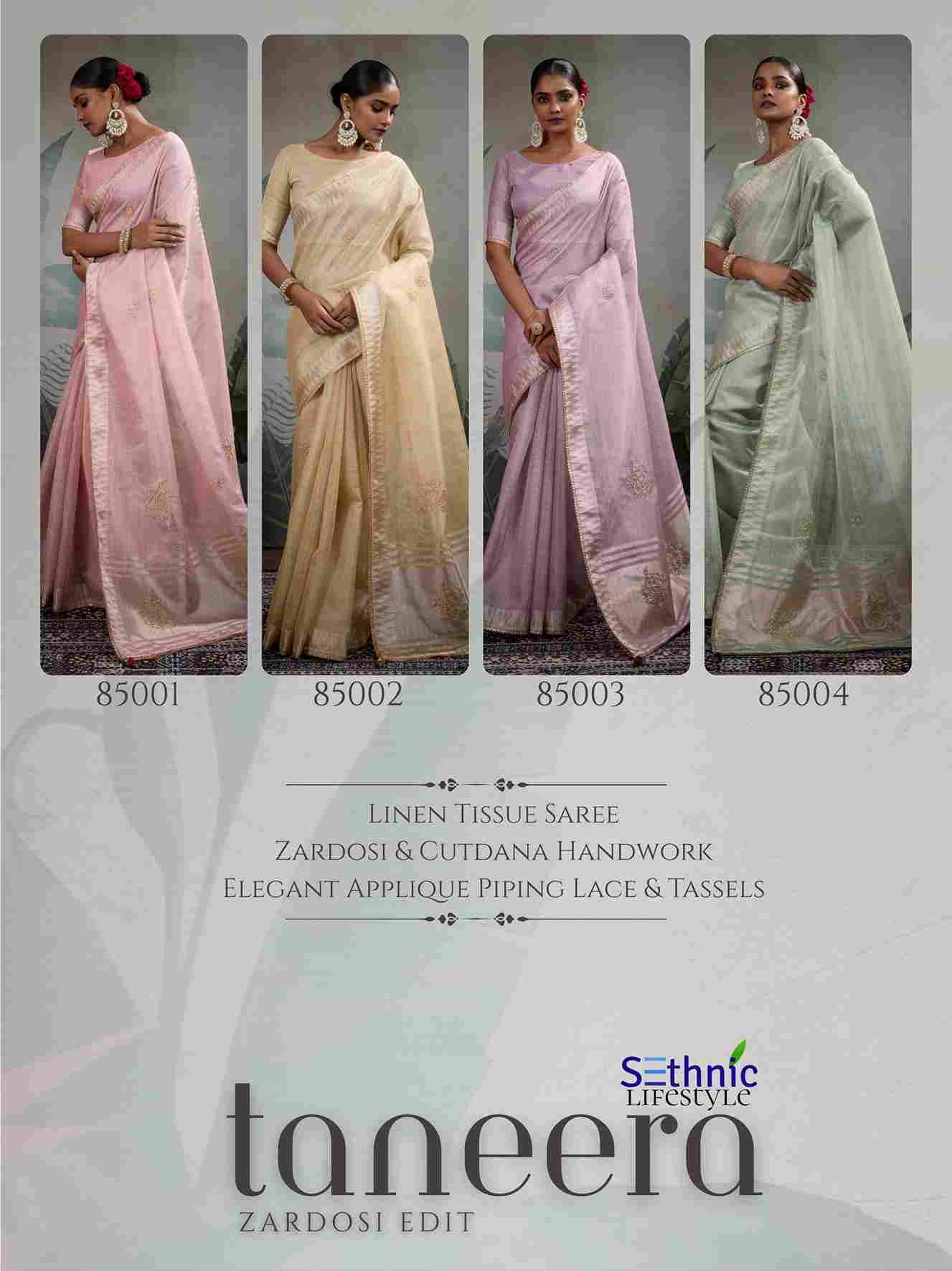 Taneera By Sethnic 85001 To 85004 Series Indian Traditional Wear Collection Beautiful Stylish Fancy Colorful Party Wear & Occasional Wear Linen Tissue Sarees At Wholesale Price