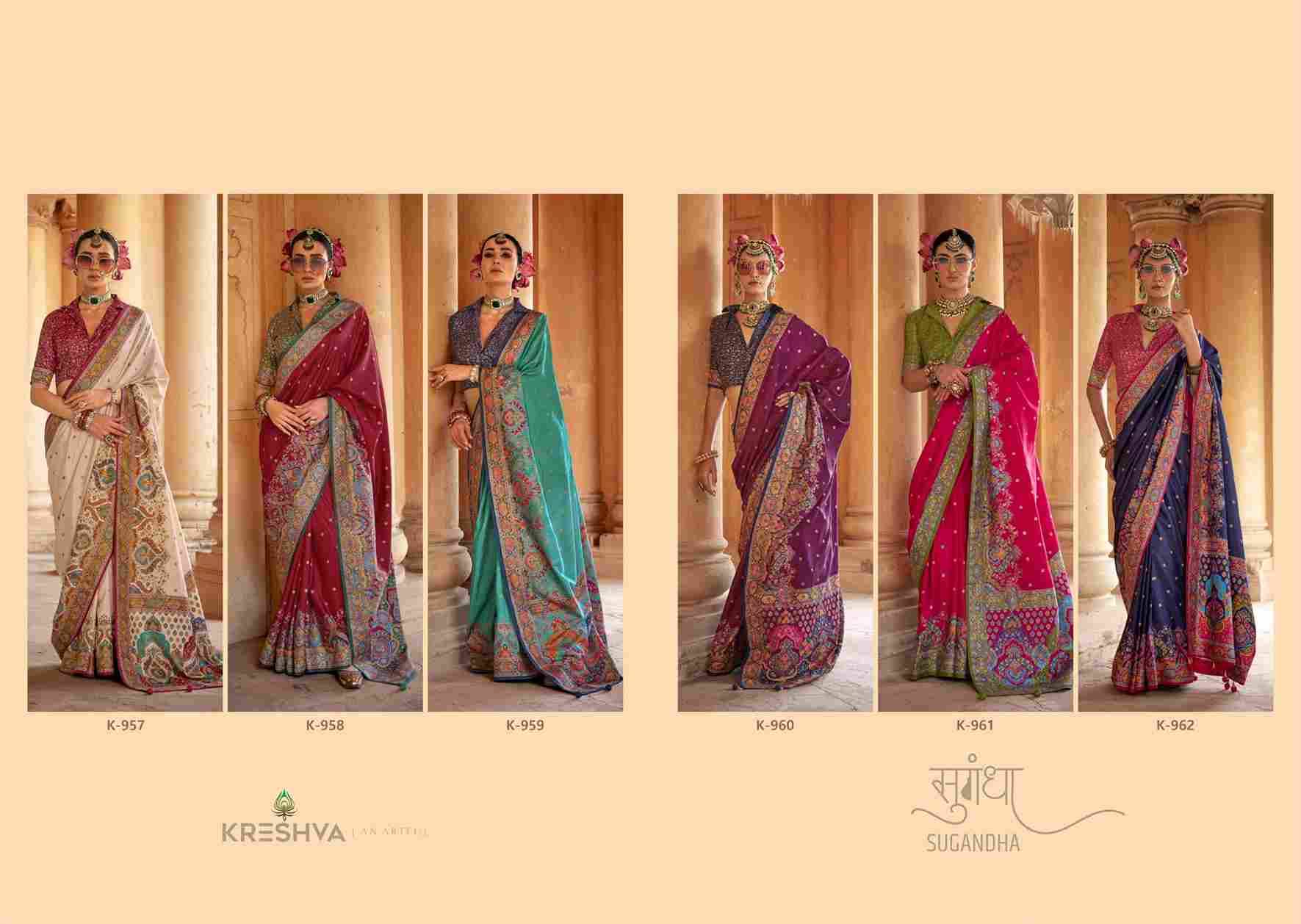 Sugandha By Kreshva 957 To 962 Series Indian Traditional Wear Collection Beautiful Stylish Fancy Colorful Party Wear & Occasional Wear Pure Silk Sarees At Wholesale Price