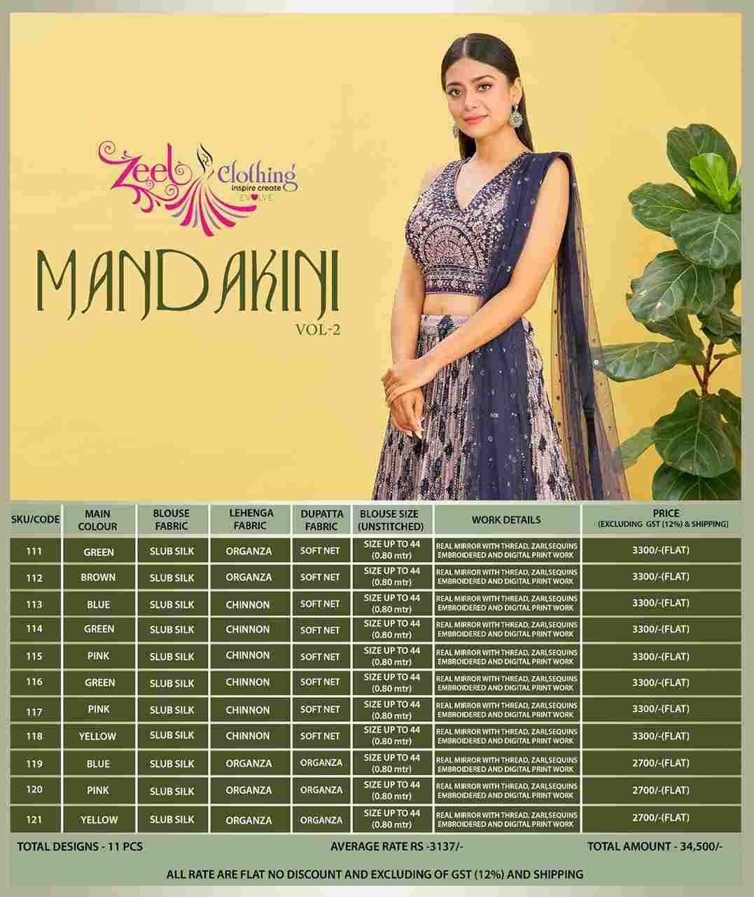 Mandakini Vol-2 By Zeel Clothing 111 To 121 Series Designer Beautiful Wedding Collection Occasional Wear & Party Wear Chinnon/Organza Lehengas At Wholesale Price