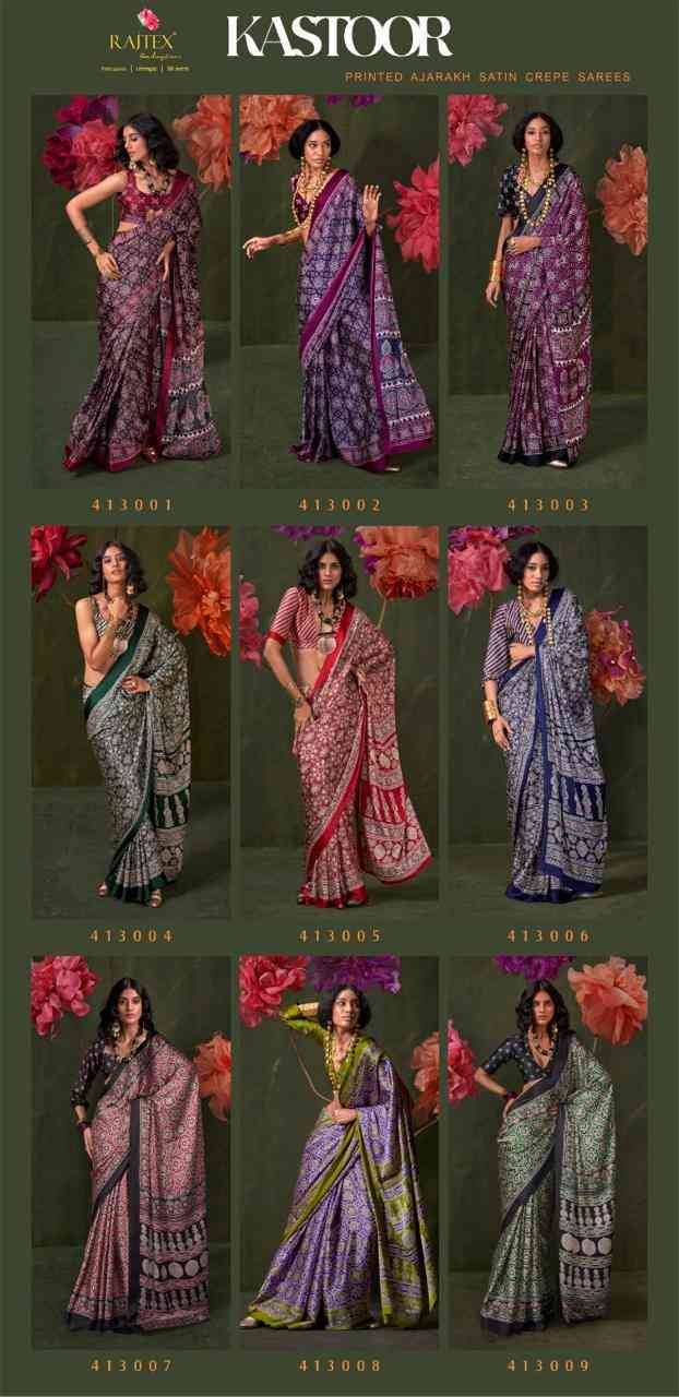 Kastoor By Raj Tex 413001 To 413009 Series Indian Traditional Wear Collection Beautiful Stylish Fancy Colorful Party Wear & Occasional Wear Satin Crepe Sarees At Wholesale Price