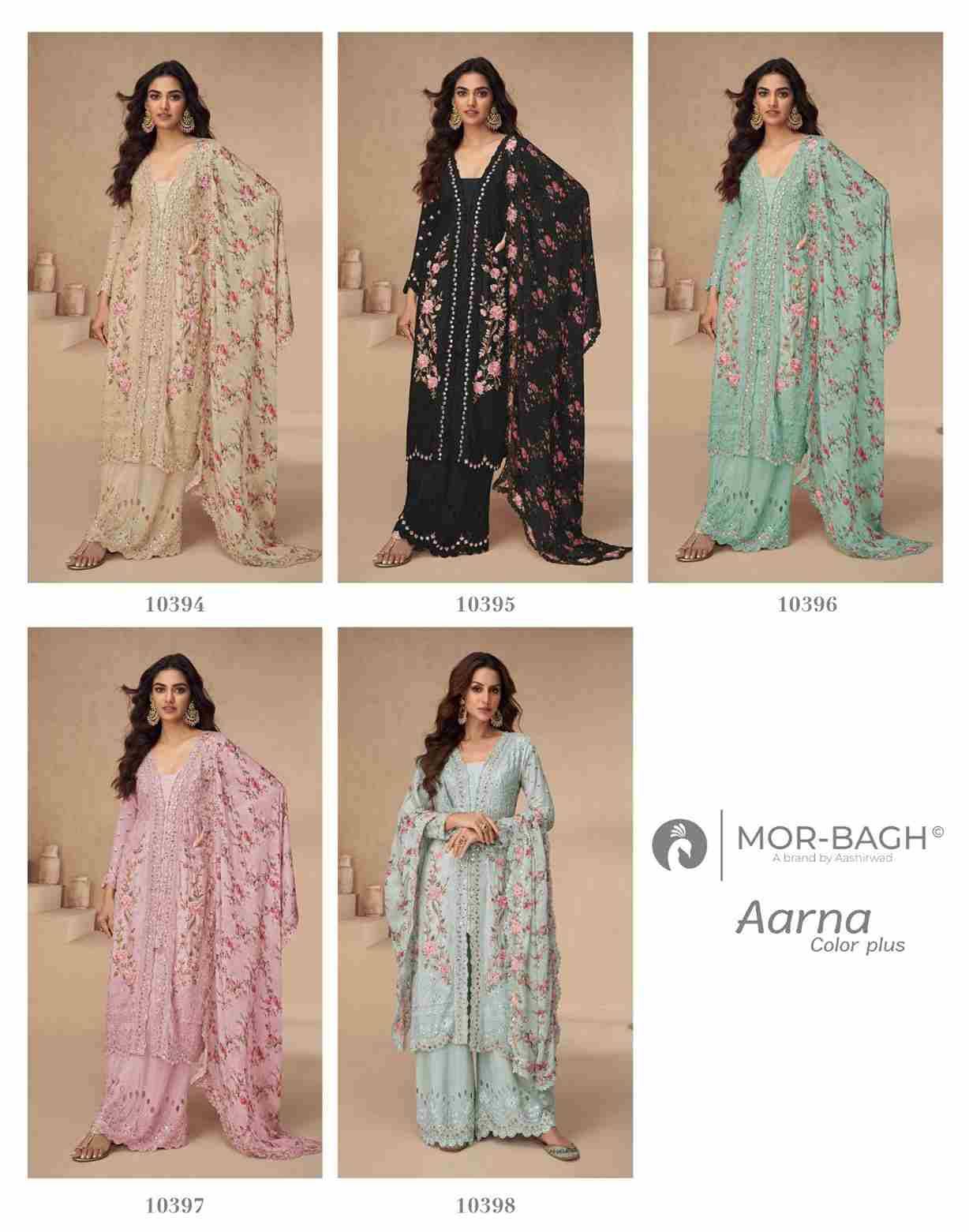 Aarna Color Plus By Mor-Bagh 10394 To 10398 Series Beautiful Festive Suits Colorful Stylish Fancy Casual Wear & Ethnic Wear Chinnon Silk With Work Dresses At Wholesale Price