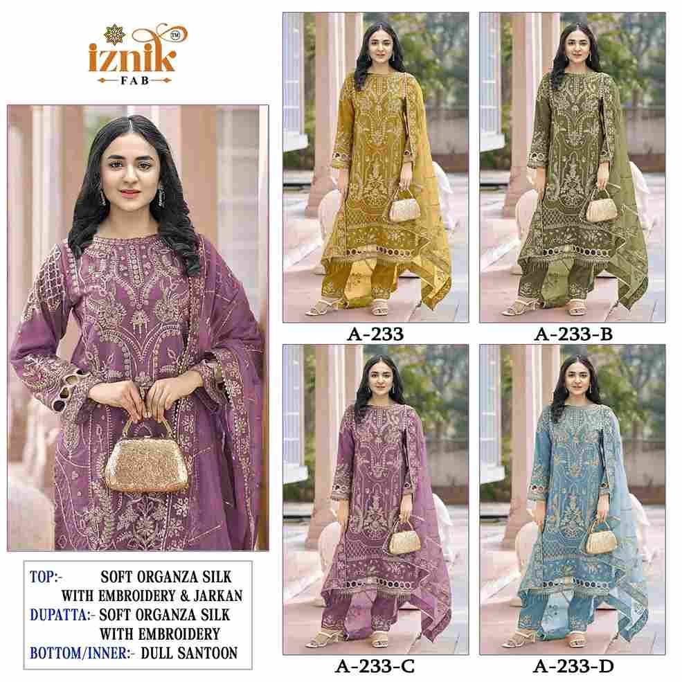 Iznik 233 Colours By Iznik Fab 233-A To 233-D Series Designer Pakistani Suits Beautiful Stylish Fancy Colorful Party Wear & Occasional Wear Organza Silk With Embroidery Dresses At Wholesale Price