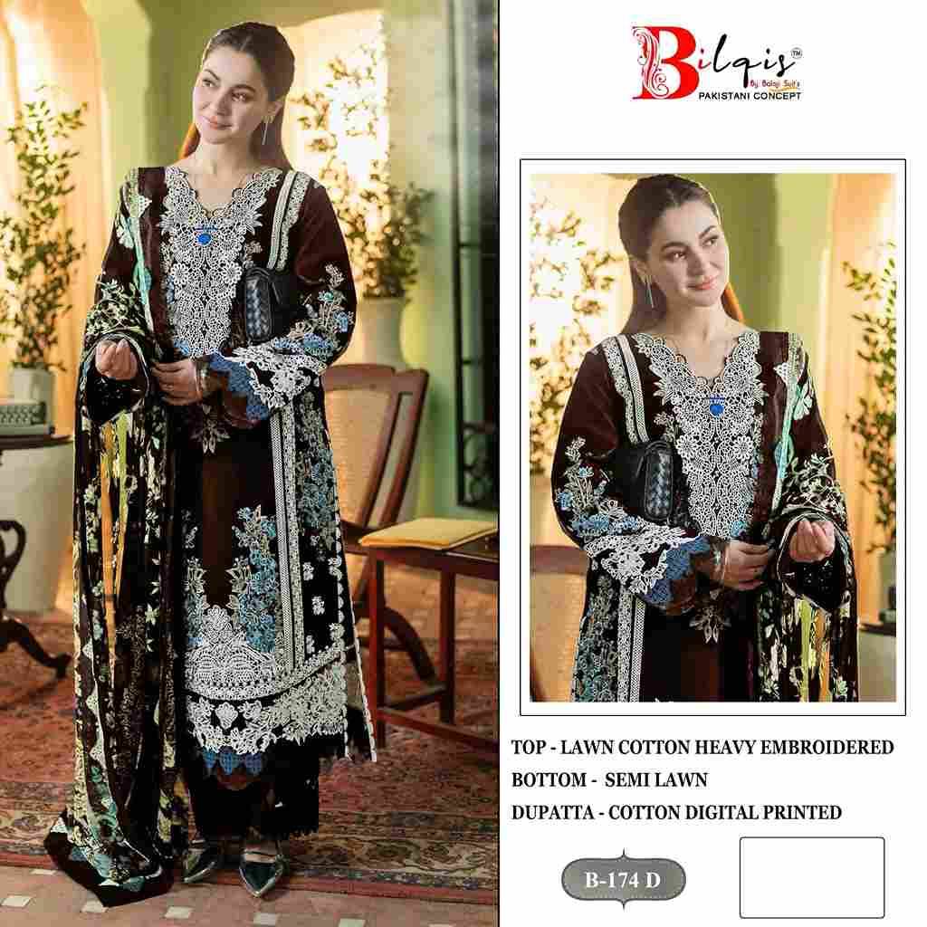 Bilqis 174 Colours By Bilqis 174-A To 174-D Series Beautiful Pakistani Suits Stylish Fancy Colorful Party Wear & Occasional Wear Cotton Lawn Embroidery Dresses At Wholesale Price