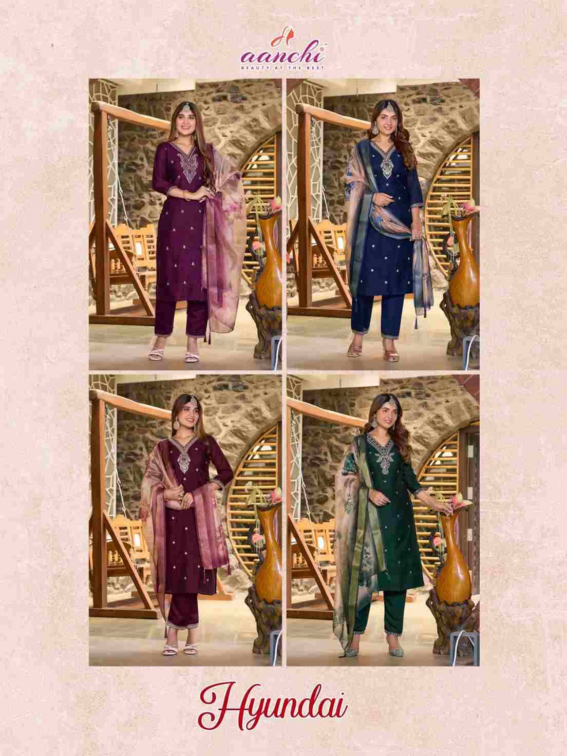 Hyundai By Aanchi 1001 To 1004 Series Designer Festive Suits Beautiful Stylish Fancy Colorful Party Wear & Occasional Wear Vichitra Shimmer Dresses At Wholesale Price