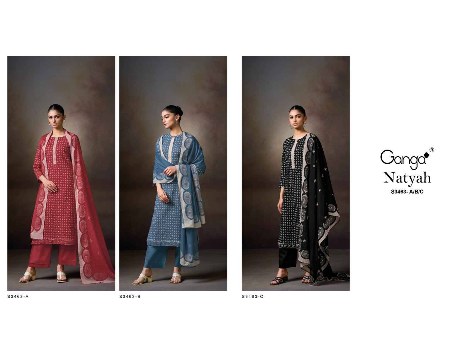 Natyah-3463 By Ganga Fashion 3463-A To 3463-C Series Beautiful Festive Suits Colorful Stylish Fancy Casual Wear & Ethnic Wear Premium Cotton Dresses At Wholesale Price