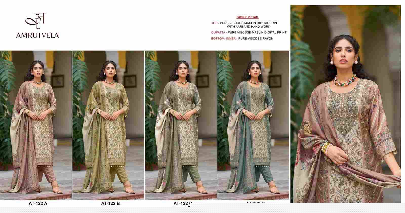 Amrutvela Hit Design AT-122 Colours By Amrutvela AT-122-A To AT-122-D Series Designer Pakistani Suits Collection Beautiful Stylish Fancy Colorful Party Wear & Occasional Wear Viscose Muslin Dresses At Wholesale Price