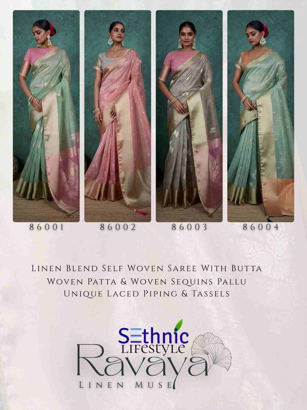 Ravaya By Sethnic 86001 To 86004 Series Indian Traditional Wear Collection Beautiful Stylish Fancy Colorful Party Wear & Occasional Wear Linen Sarees At Wholesale Price