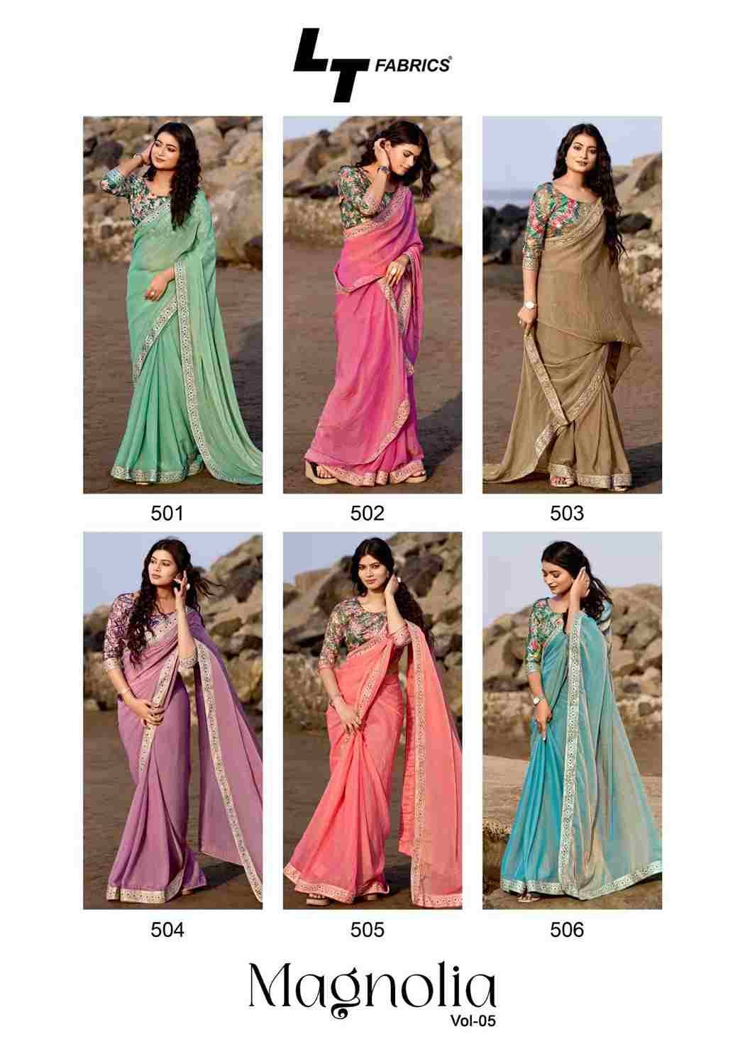 Magnolia Vol-5 By LT Fabrics 501 To 506 Series Indian Traditional Wear Collection Beautiful Stylish Fancy Colorful Party Wear & Occasional Wear Malai Silk Sarees At Wholesale Price