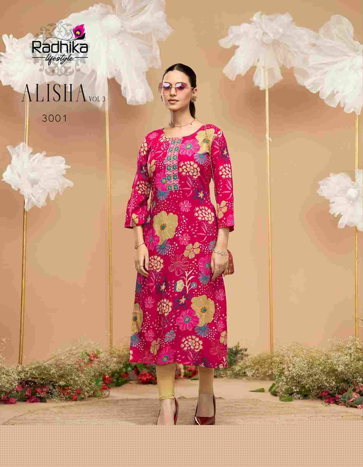 Alisha Vol-3 By Radhika Lifestyle 3001 To 3009 Series Designer Stylish Fancy Colorful Beautiful Party Wear & Ethnic Wear Collection Pure Rayon Print Kurtis At Wholesale Price