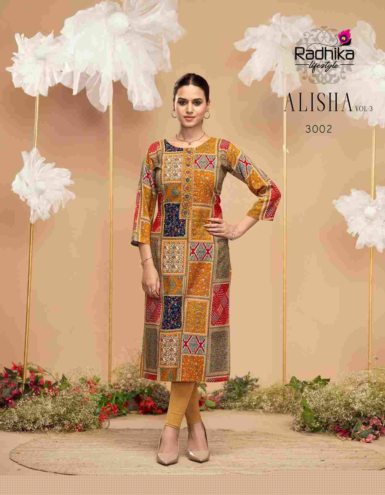 Alisha Vol-3 By Radhika Lifestyle 3001 To 3009 Series Designer Stylish Fancy Colorful Beautiful Party Wear & Ethnic Wear Collection Pure Rayon Print Kurtis At Wholesale Price