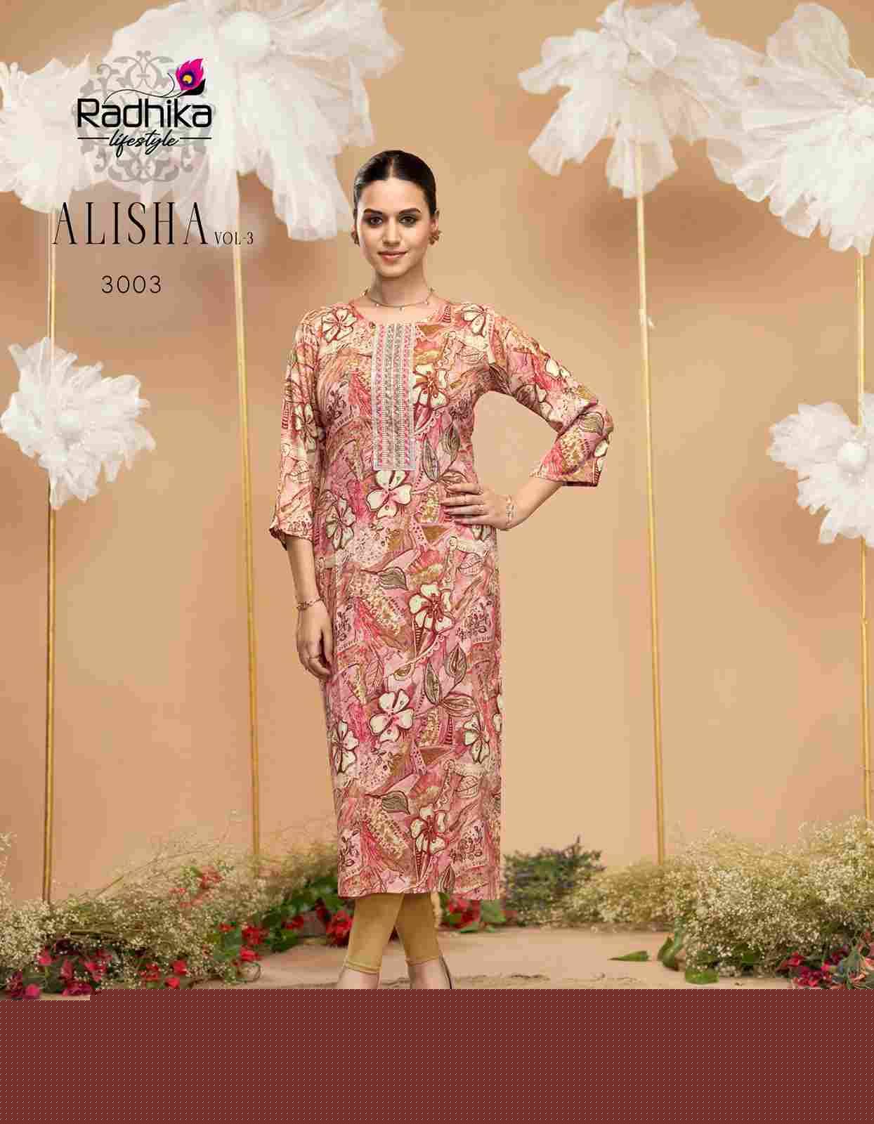 Alisha Vol-3 By Radhika Lifestyle 3001 To 3009 Series Designer Stylish Fancy Colorful Beautiful Party Wear & Ethnic Wear Collection Pure Rayon Print Kurtis At Wholesale Price