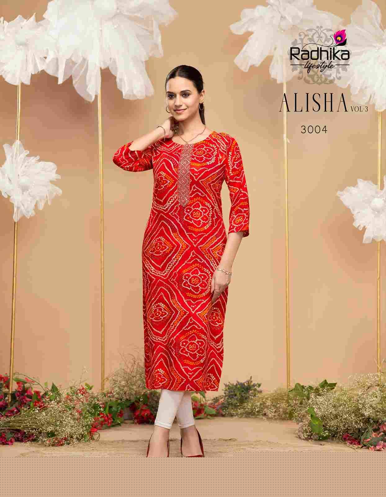 Alisha Vol-3 By Radhika Lifestyle 3001 To 3009 Series Designer Stylish Fancy Colorful Beautiful Party Wear & Ethnic Wear Collection Pure Rayon Print Kurtis At Wholesale Price