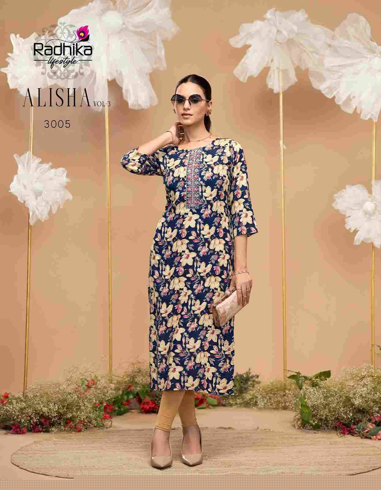 Alisha Vol-3 By Radhika Lifestyle 3001 To 3009 Series Designer Stylish Fancy Colorful Beautiful Party Wear & Ethnic Wear Collection Pure Rayon Print Kurtis At Wholesale Price