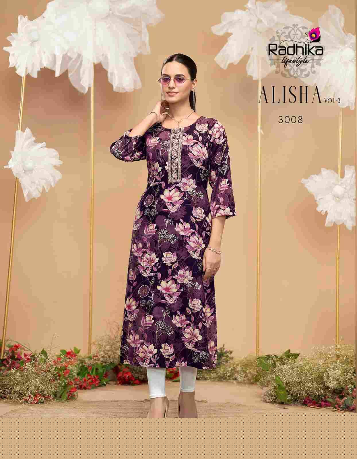 Alisha Vol-3 By Radhika Lifestyle 3001 To 3009 Series Designer Stylish Fancy Colorful Beautiful Party Wear & Ethnic Wear Collection Pure Rayon Print Kurtis At Wholesale Price