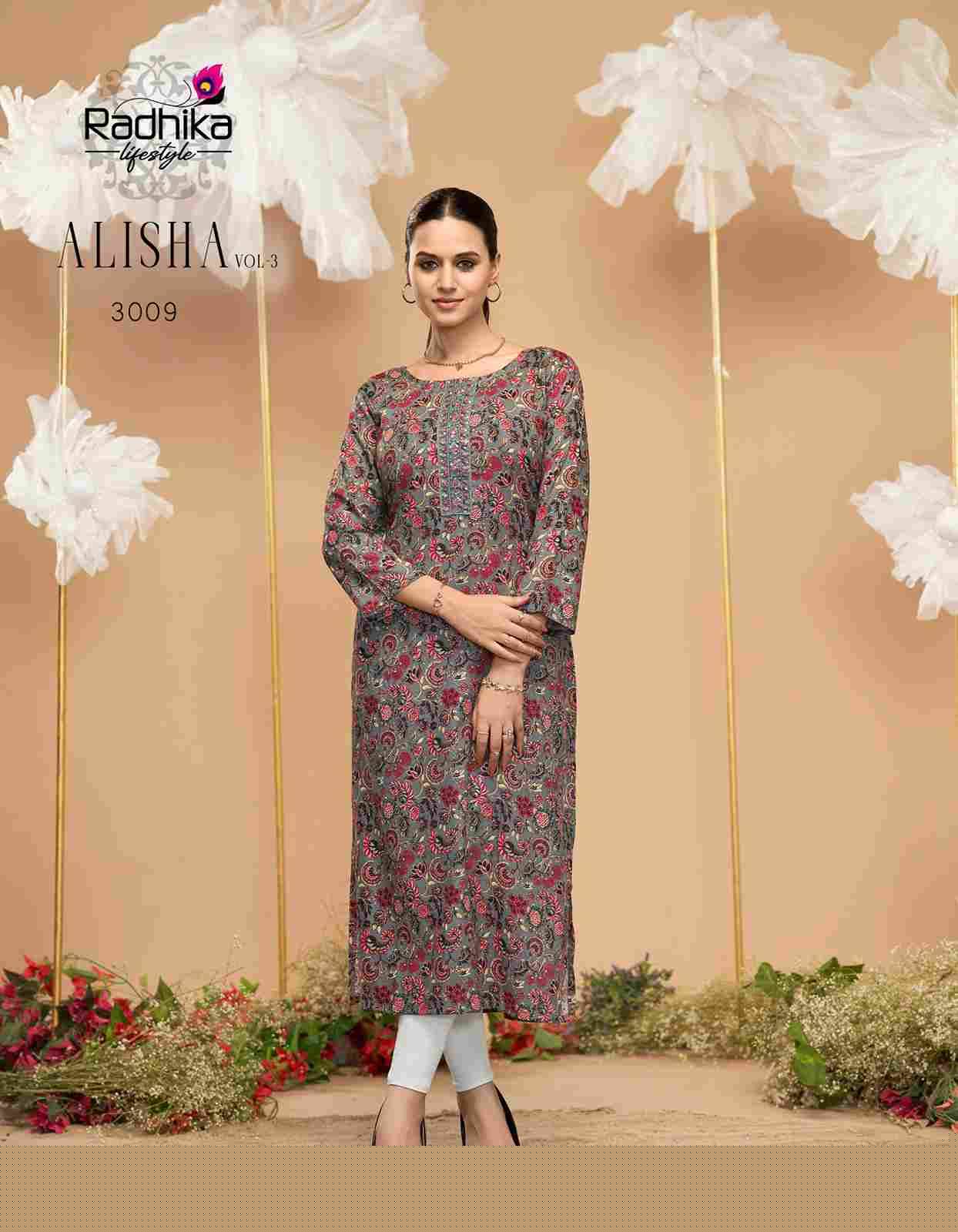 Alisha Vol-3 By Radhika Lifestyle 3001 To 3009 Series Designer Stylish Fancy Colorful Beautiful Party Wear & Ethnic Wear Collection Pure Rayon Print Kurtis At Wholesale Price