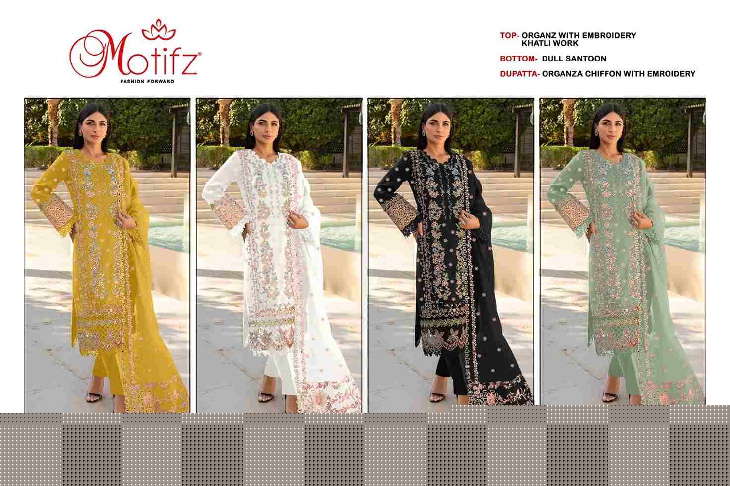 Motifz Hit Design 845 Colours By Motifz 845-A To 845-D Series Beautiful Pakistani Suits Colorful Stylish Fancy Casual Wear & Ethnic Wear Organza Embroidered Dresses At Wholesale Price