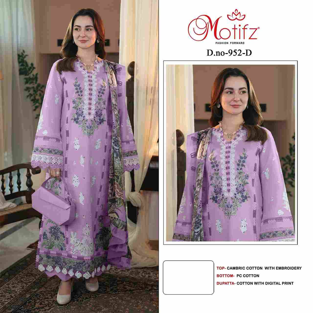 Motifz Hit Design 952 Colours By Motifz 952-A To 952-D Series Beautiful Pakistani Suits Colorful Stylish Fancy Casual Wear & Ethnic Wear Cambric Cotton Embroidered Dresses At Wholesale Price