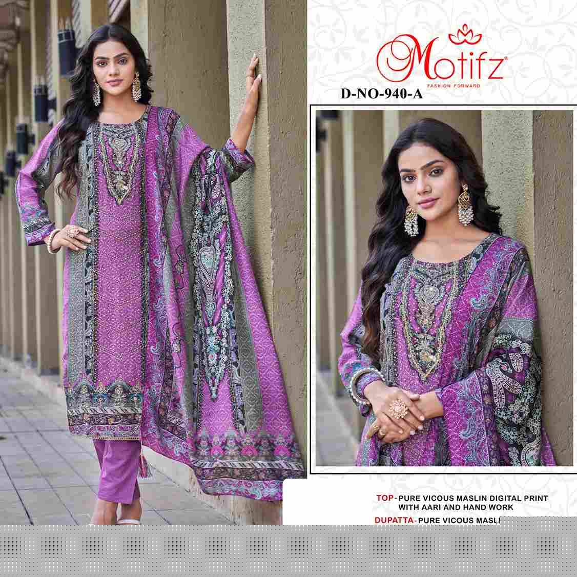 Motifz Hit Design 940 Colours By Motifz 940-A To 940-D Series Beautiful Pakistani Suits Colorful Stylish Fancy Casual Wear & Ethnic Wear Viscose Muslin Dresses At Wholesale Price