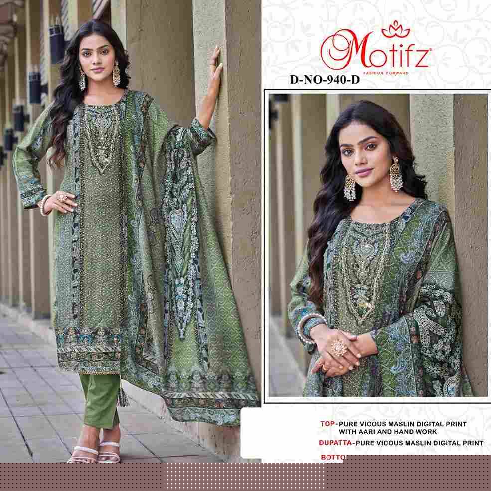 Motifz Hit Design 940 Colours By Motifz 940-A To 940-D Series Beautiful Pakistani Suits Colorful Stylish Fancy Casual Wear & Ethnic Wear Viscose Muslin Dresses At Wholesale Price