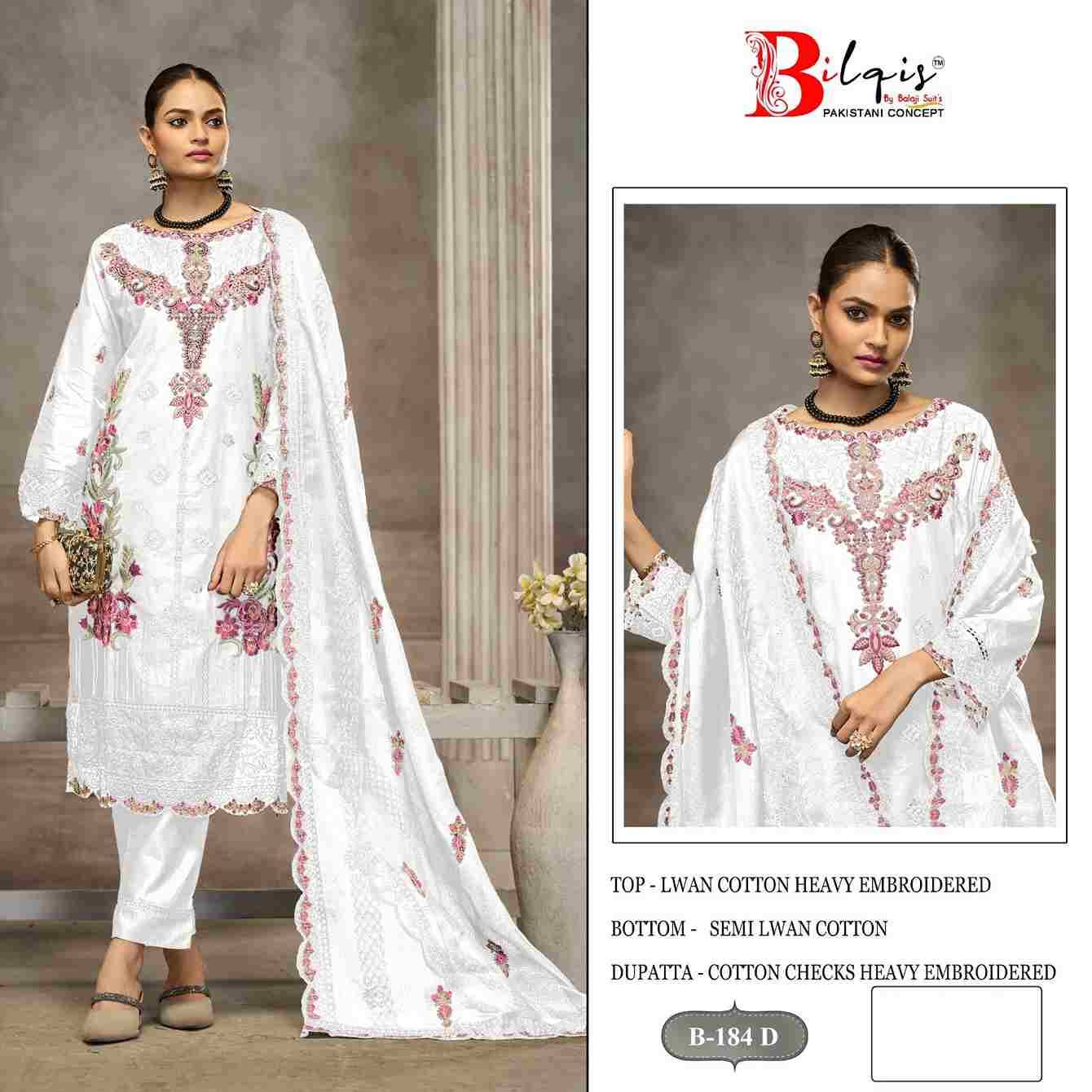 Bilqis 184 Colours By Bilqis 184-A To 184-D Series Beautiful Pakistani Suits Stylish Fancy Colorful Party Wear & Occasional Wear Cotton Lawn Embroidery Dresses At Wholesale Price