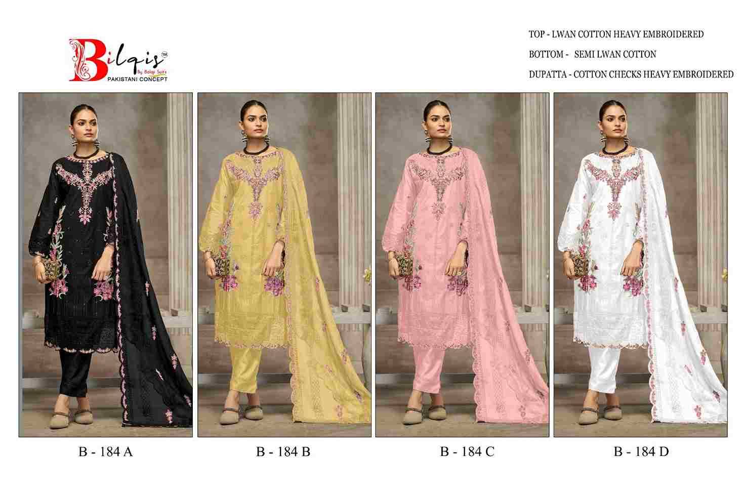 Bilqis 184 Colours By Bilqis 184-A To 184-D Series Beautiful Pakistani Suits Stylish Fancy Colorful Party Wear & Occasional Wear Cotton Lawn Embroidery Dresses At Wholesale Price