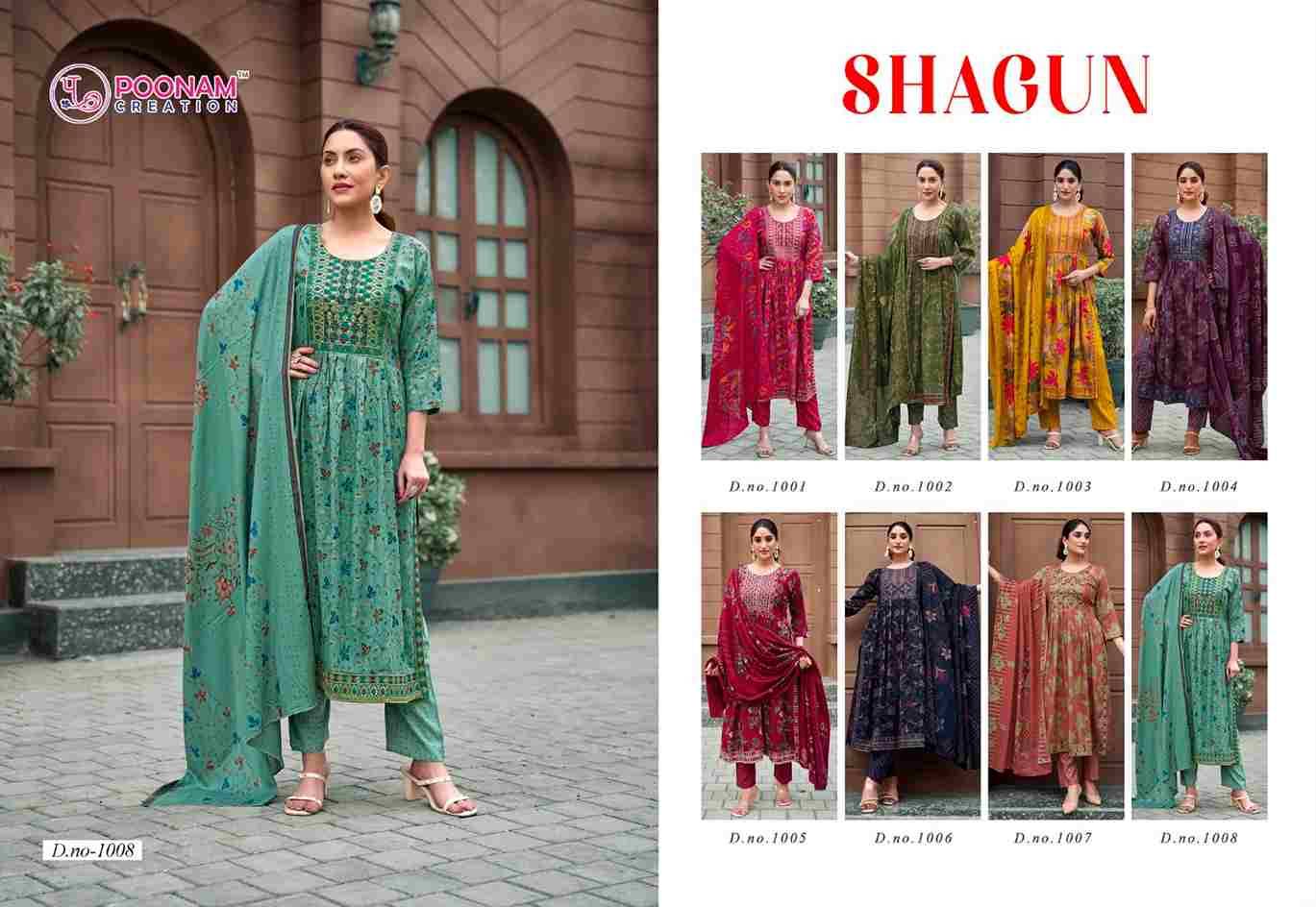 Shagun By Poonam Creation 1001 To 1008 Series Designer Festive Suits Beautiful Stylish Fancy Colorful Party Wear & Occasional Wear Heavy Rayon Dresses At Wholesale Price