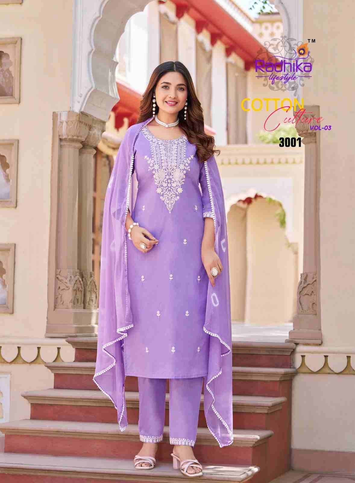 Cotton Culture Vol-3 By Radhika Lifestyle 3001 To 3006 Series Beautiful Festive Suits Colorful Stylish Fancy Casual Wear & Ethnic Wear Pure Cotton With Work Dresses At Wholesale Price