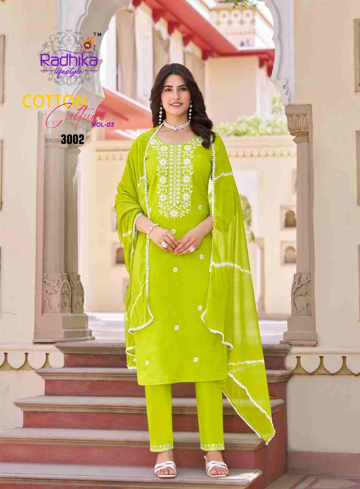 Cotton Culture Vol-3 By Radhika Lifestyle 3001 To 3006 Series Beautiful Festive Suits Colorful Stylish Fancy Casual Wear & Ethnic Wear Pure Cotton With Work Dresses At Wholesale Price