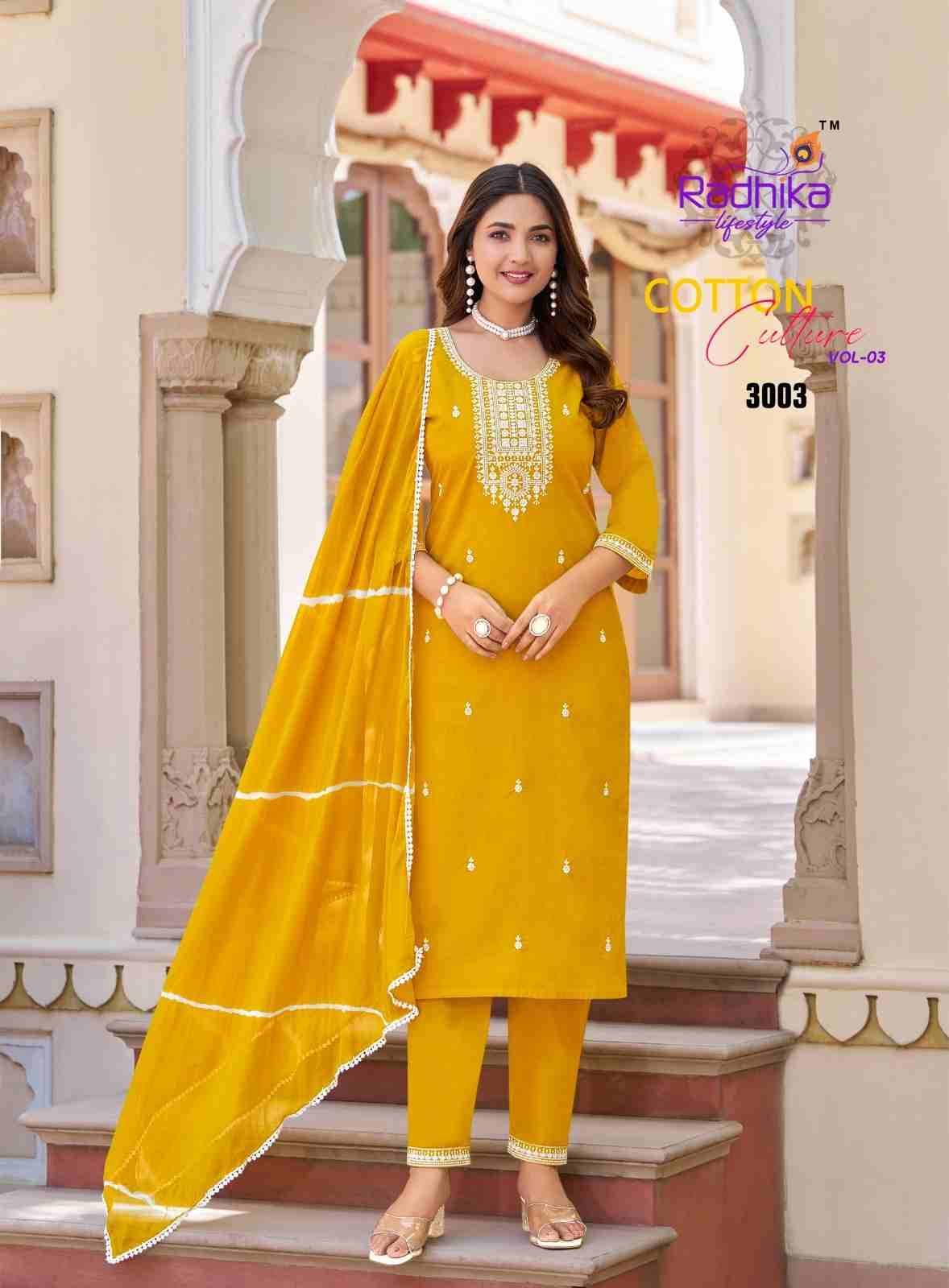 Cotton Culture Vol-3 By Radhika Lifestyle 3001 To 3006 Series Beautiful Festive Suits Colorful Stylish Fancy Casual Wear & Ethnic Wear Pure Cotton With Work Dresses At Wholesale Price