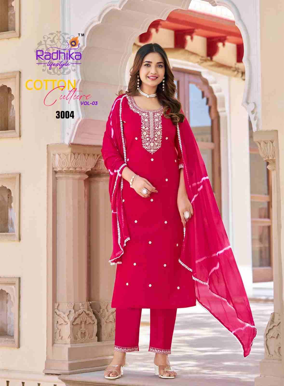 Cotton Culture Vol-3 By Radhika Lifestyle 3001 To 3006 Series Beautiful Festive Suits Colorful Stylish Fancy Casual Wear & Ethnic Wear Pure Cotton With Work Dresses At Wholesale Price