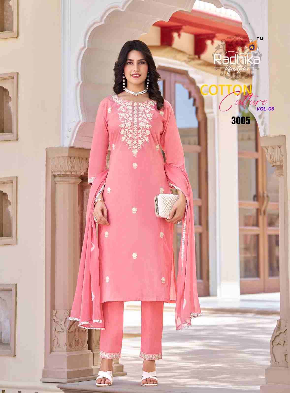 Cotton Culture Vol-3 By Radhika Lifestyle 3001 To 3006 Series Beautiful Festive Suits Colorful Stylish Fancy Casual Wear & Ethnic Wear Pure Cotton With Work Dresses At Wholesale Price