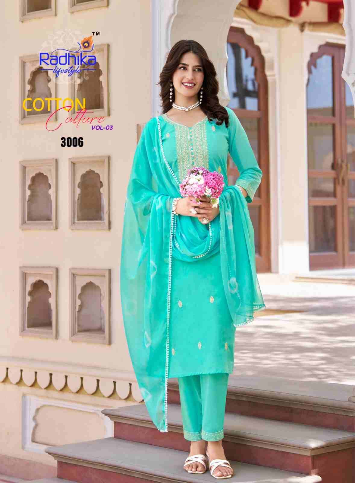 Cotton Culture Vol-3 By Radhika Lifestyle 3001 To 3006 Series Beautiful Festive Suits Colorful Stylish Fancy Casual Wear & Ethnic Wear Pure Cotton With Work Dresses At Wholesale Price