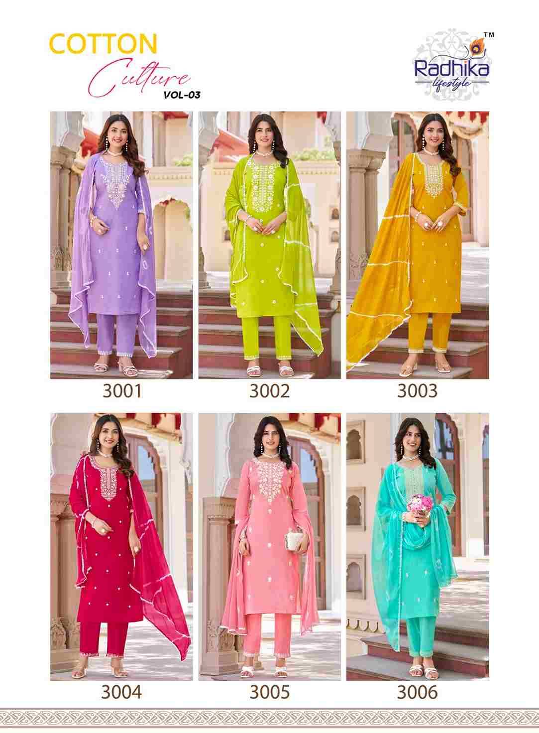 Cotton Culture Vol-3 By Radhika Lifestyle 3001 To 3006 Series Beautiful Festive Suits Colorful Stylish Fancy Casual Wear & Ethnic Wear Pure Cotton With Work Dresses At Wholesale Price