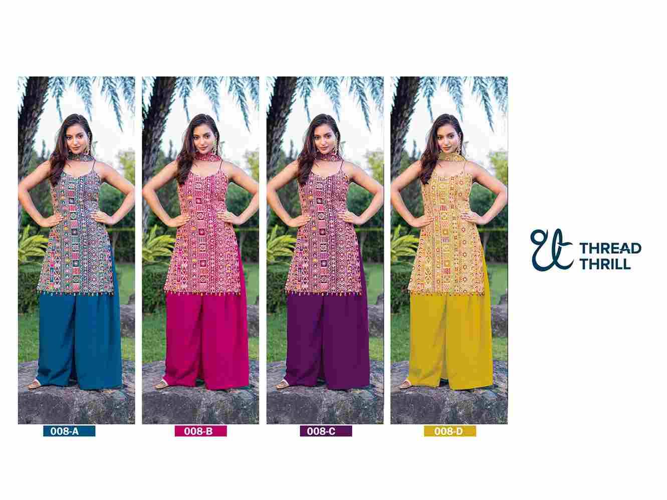 Thread Thrill 008 Colours By Thread Thrill 008-A To 008-D Series Beautiful Sharara Suits Colorful Stylish Fancy Casual Wear & Ethnic Wear Heavy Chinnon Dresses At Wholesale Price