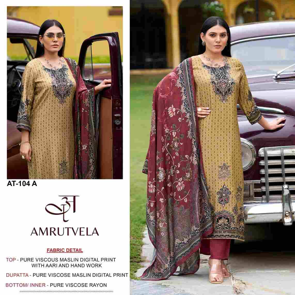 Amrutvela Hit Design AT-104 Colours By Amrutvela AT-104-A To AT-104-D Series Designer Pakistani Suits Collection Beautiful Stylish Fancy Colorful Party Wear & Occasional Wear Viscose Muslin Dresses At Wholesale Price