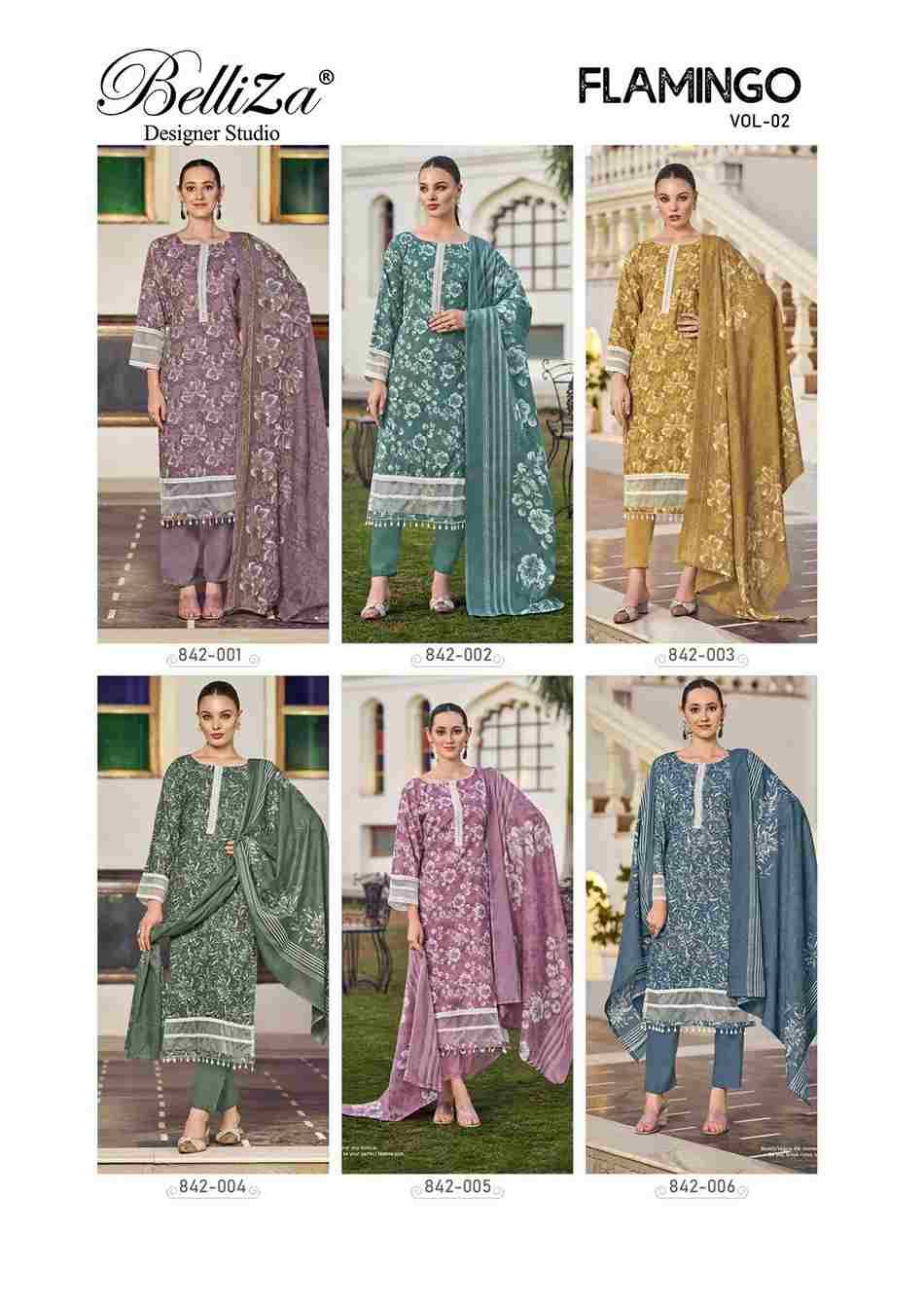 Flamingo Vol-2 By Belliza 842-001 To 842-006 Series Beautiful Suits Colorful Stylish Fancy Casual Wear & Ethnic Wear Pure Cotton Print With Work Dresses At Wholesale Price