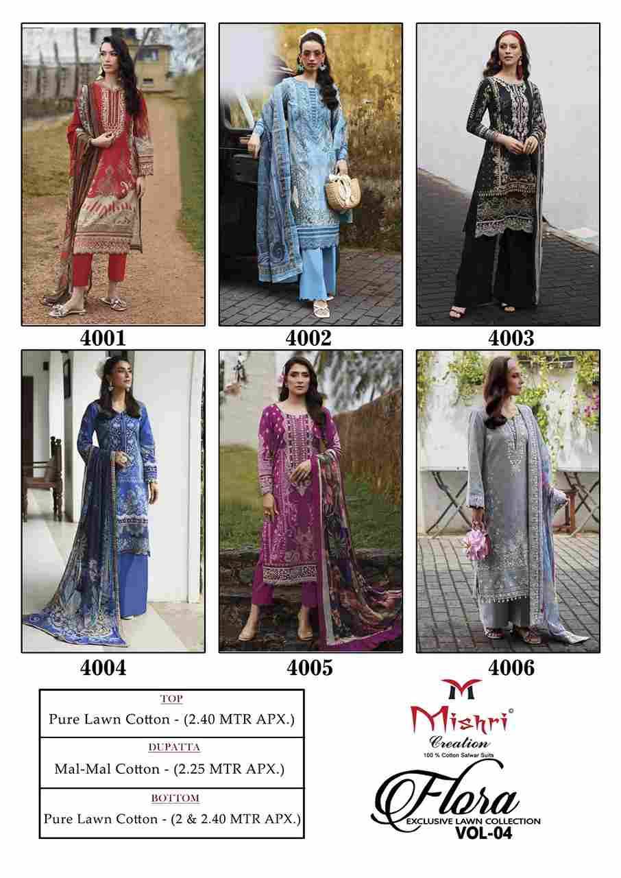 Flora Vol-4 By Mishri 4001 To 4006 Series Beautiful Suits Stylish Colorful Fancy Casual Wear & Ethnic Wear Lawn Cotton Print Dresses At Wholesale Price