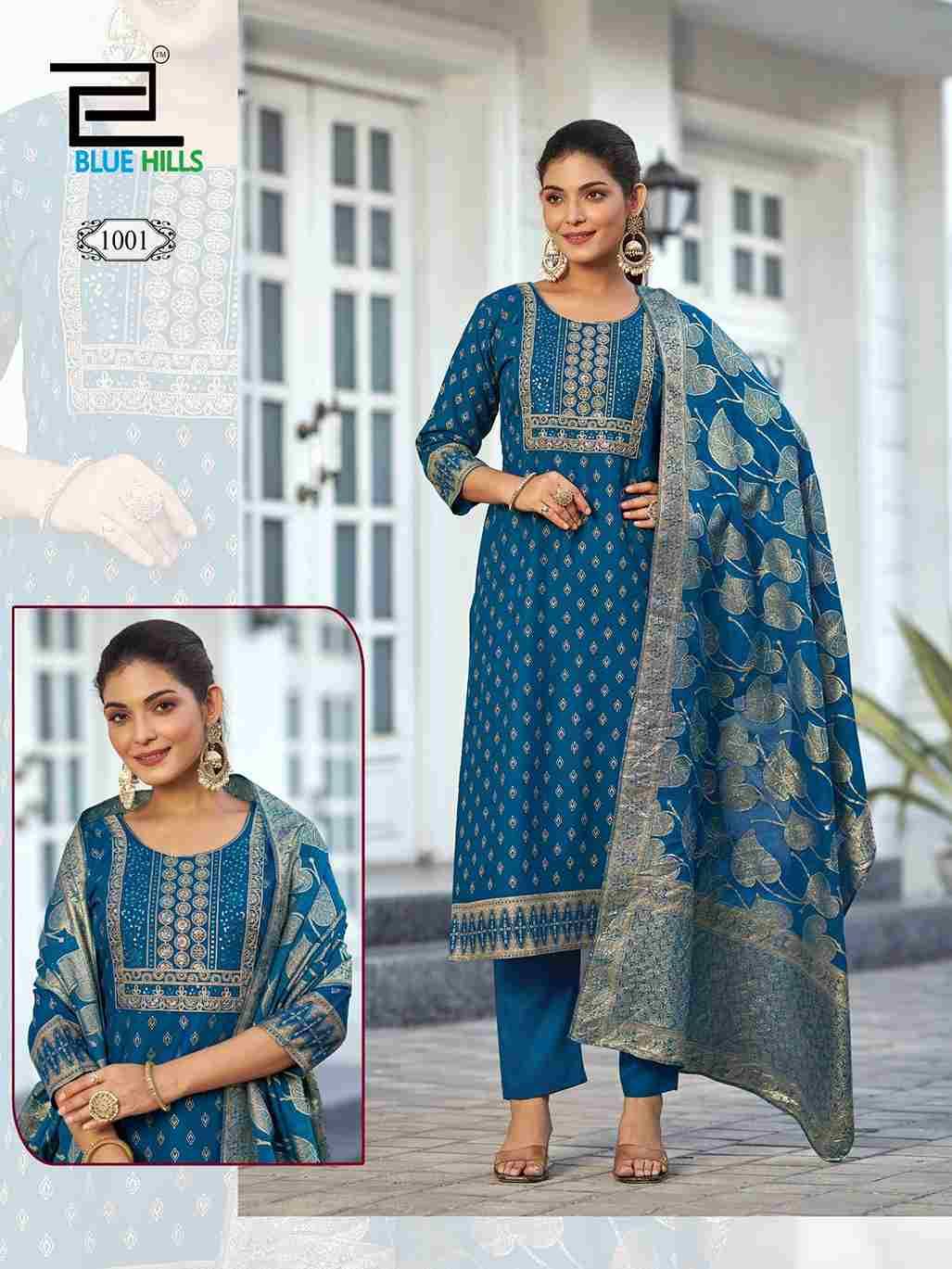 Madhuri By Blue Hills 1001 To 1008 Series Beautiful Festive Suits Stylish Fancy Colorful Casual Wear & Ethnic Wear Rayon Foil Print Dresses At Wholesale Price