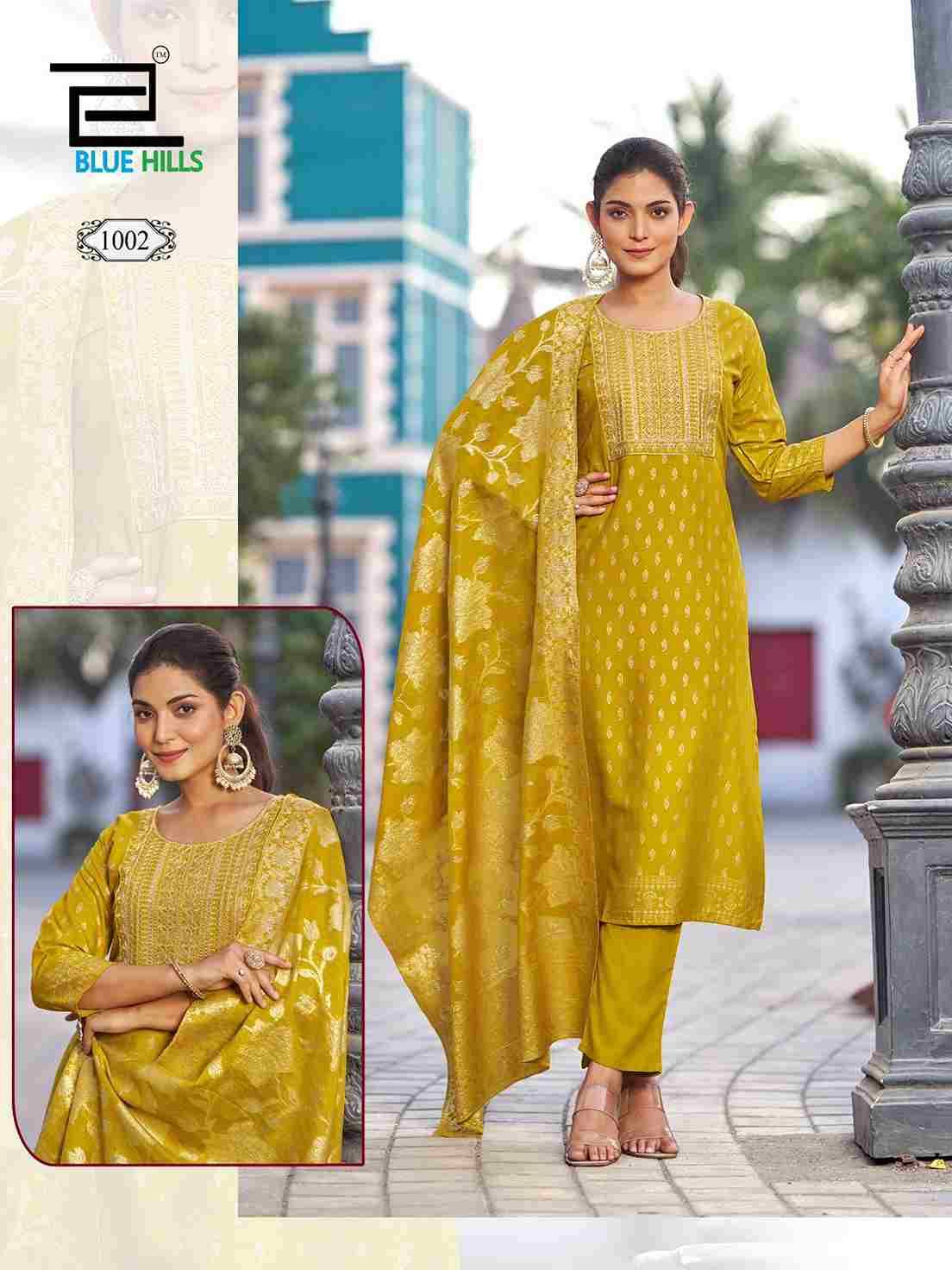Madhuri By Blue Hills 1001 To 1008 Series Beautiful Festive Suits Stylish Fancy Colorful Casual Wear & Ethnic Wear Rayon Foil Print Dresses At Wholesale Price