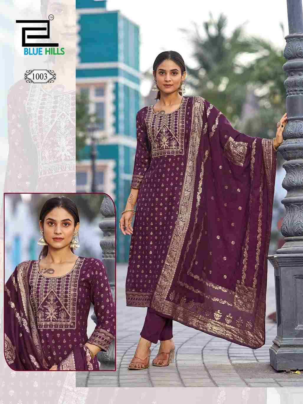 Madhuri By Blue Hills 1001 To 1008 Series Beautiful Festive Suits Stylish Fancy Colorful Casual Wear & Ethnic Wear Rayon Foil Print Dresses At Wholesale Price