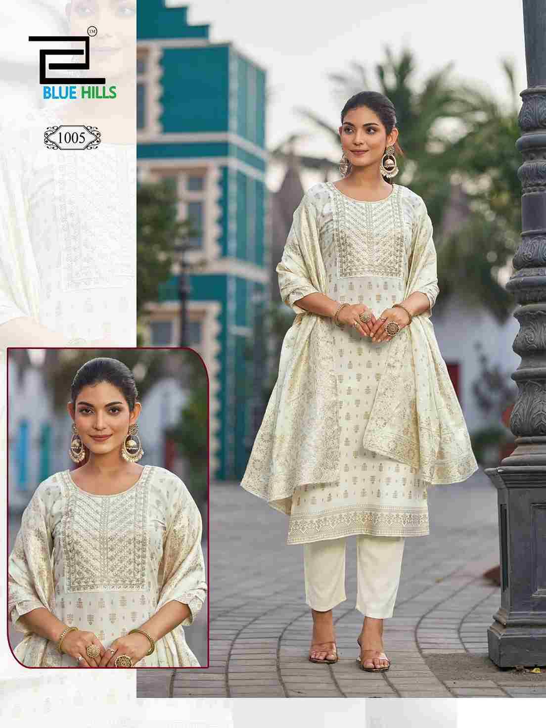 Madhuri By Blue Hills 1001 To 1008 Series Beautiful Festive Suits Stylish Fancy Colorful Casual Wear & Ethnic Wear Rayon Foil Print Dresses At Wholesale Price