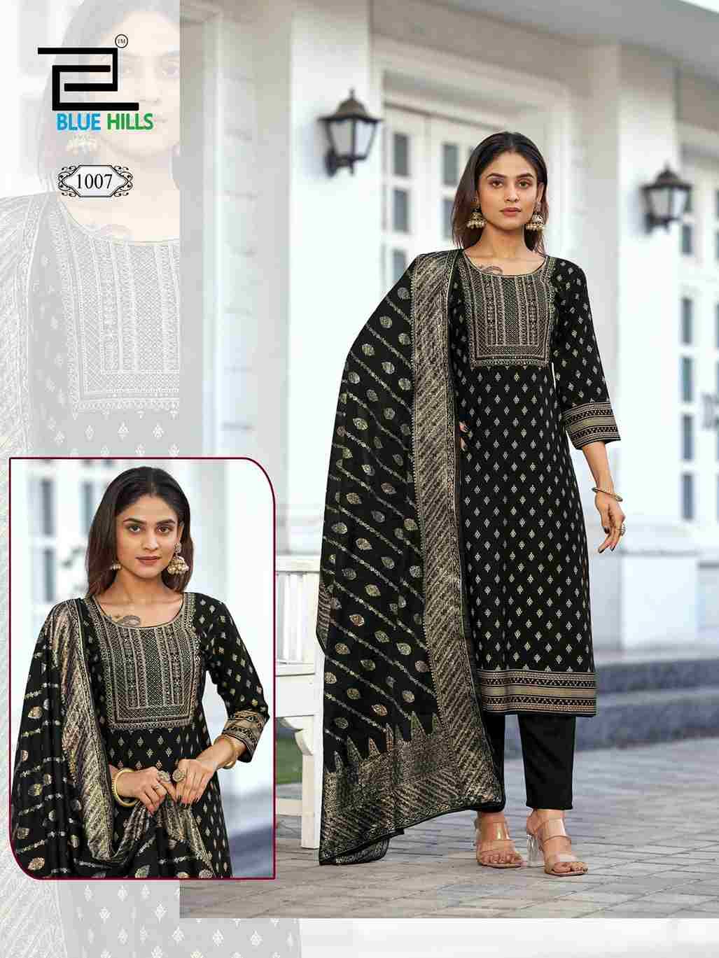Madhuri By Blue Hills 1001 To 1008 Series Beautiful Festive Suits Stylish Fancy Colorful Casual Wear & Ethnic Wear Rayon Foil Print Dresses At Wholesale Price