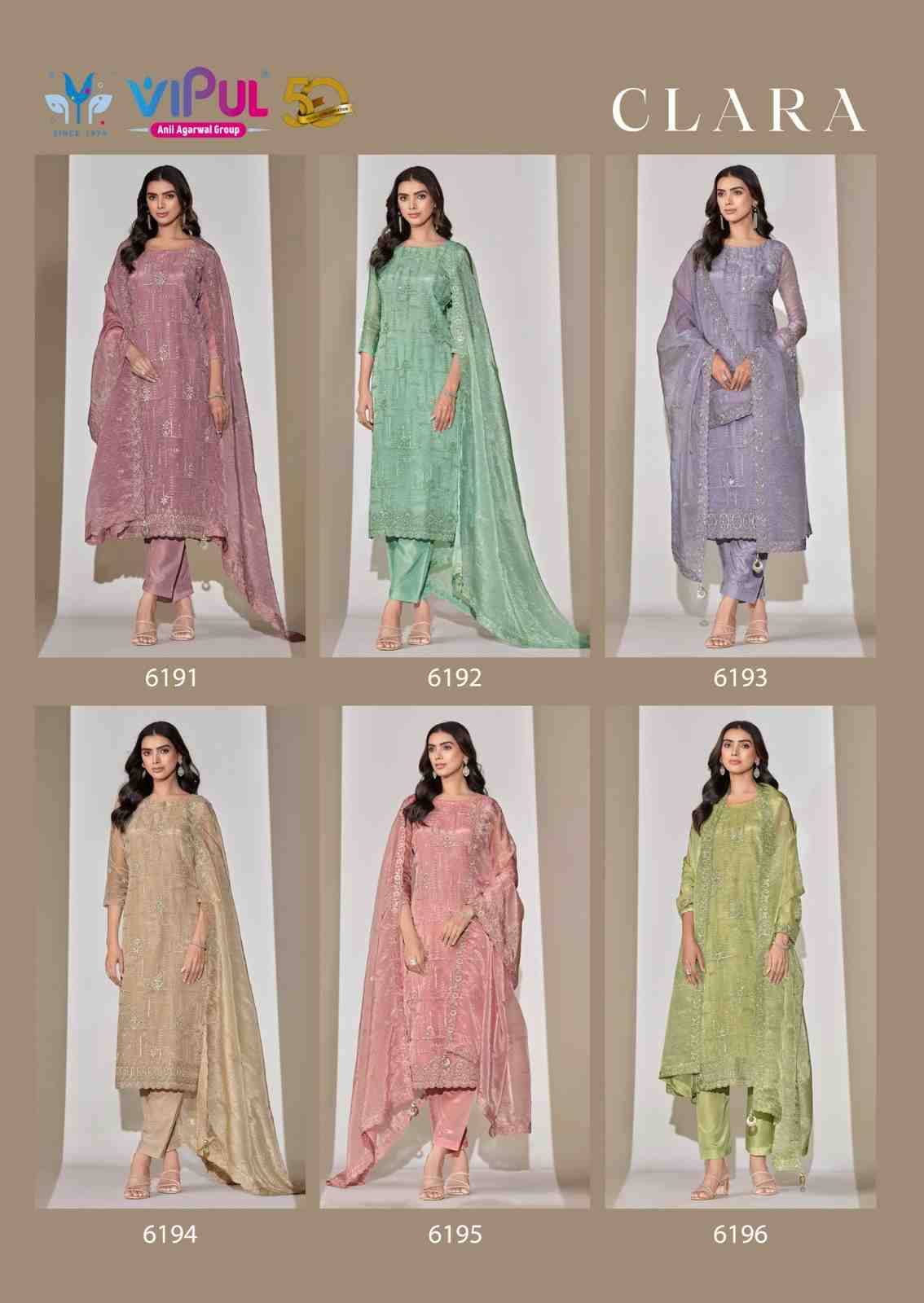 Clara By Vipul Fashion 6191 To 6196 Series Designer Festive Suits Beautiful Fancy Stylish Colorful Party Wear & Occasional Wear Satin Organza Dresses At Wholesale Price