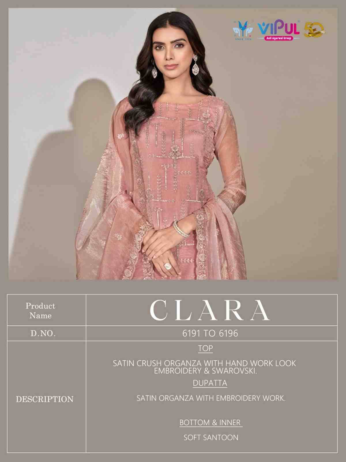 Clara By Vipul Fashion 6191 To 6196 Series Designer Festive Suits Beautiful Fancy Stylish Colorful Party Wear & Occasional Wear Satin Organza Dresses At Wholesale Price