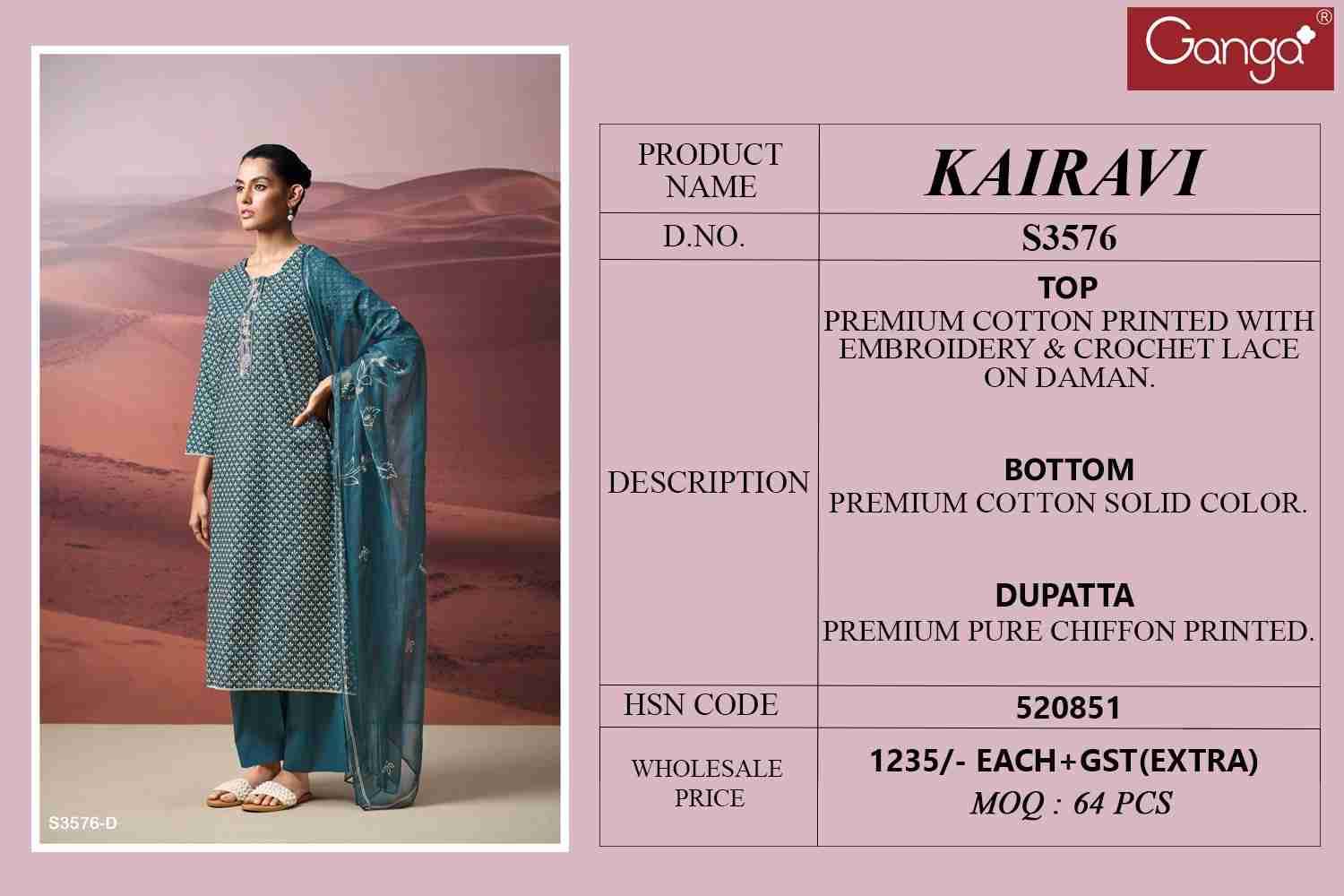 Kairavi-3576 By Ganga Fashion 3576-A To 3576-D Series Beautiful Festive Suits Colorful Stylish Fancy Casual Wear & Ethnic Wear Cotton Dresses At Wholesale Price
