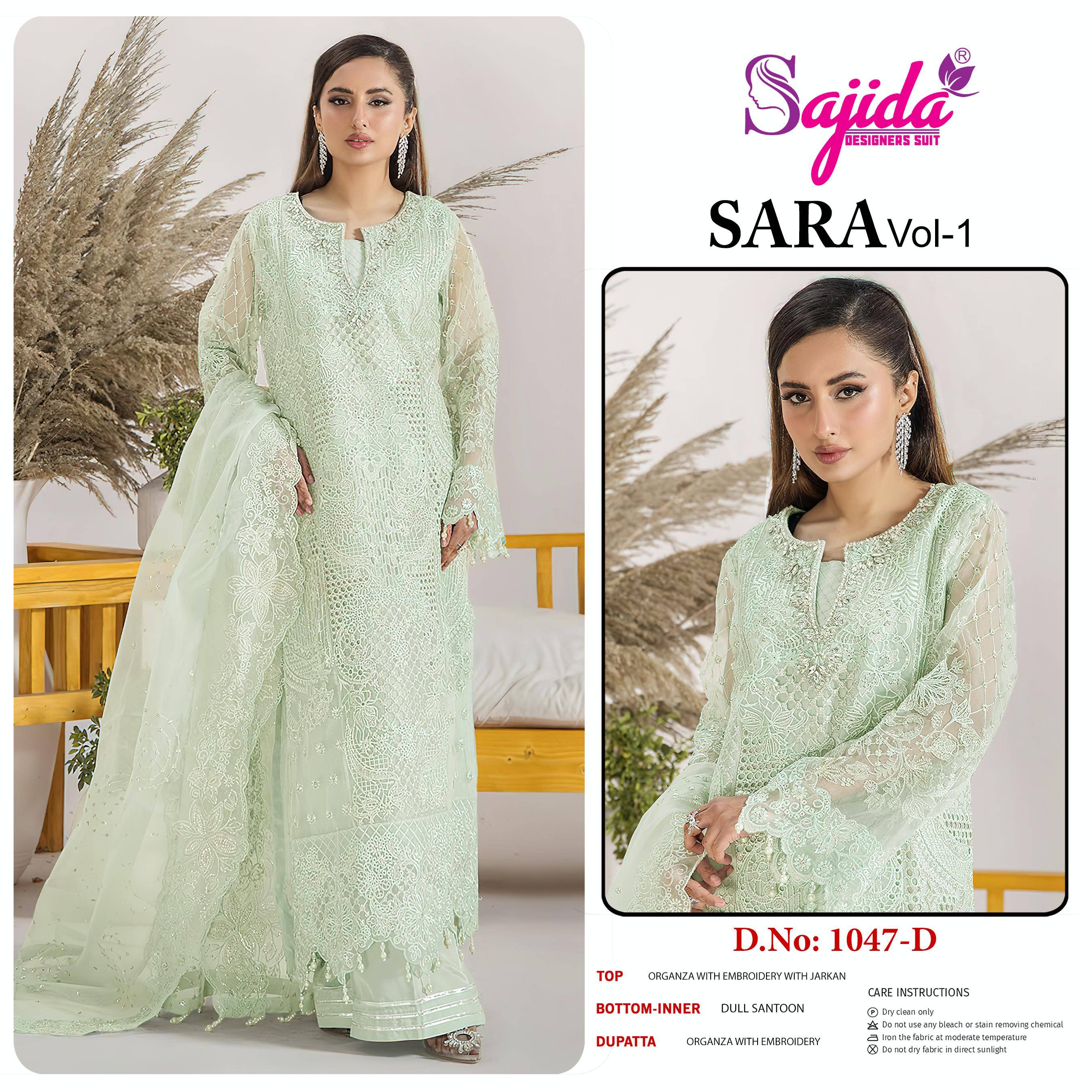 Zara Vol-1 By Sajida Designer Suits 1047-A To 1047-D Series Beautiful Pakistani Suits Colorful Stylish Fancy Casual Wear & Ethnic Wear Organza Embroidered Dresses At Wholesale Price