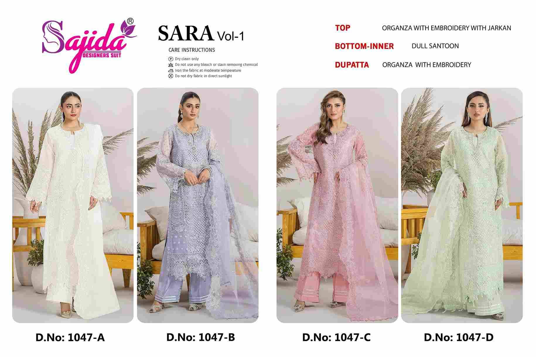 Zara Vol-1 By Sajida Designer Suits 1047-A To 1047-D Series Beautiful Pakistani Suits Colorful Stylish Fancy Casual Wear & Ethnic Wear Organza Embroidered Dresses At Wholesale Price