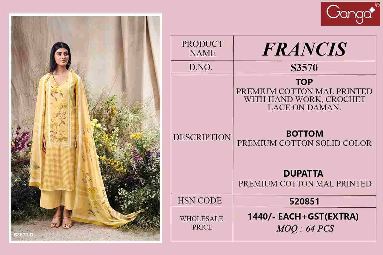 Francis-3570 By Ganga Fashion 3570-A To 3570-D Series Beautiful Festive Suits Colorful Stylish Fancy Casual Wear & Ethnic Wear Mal Cotton Dresses At Wholesale Price